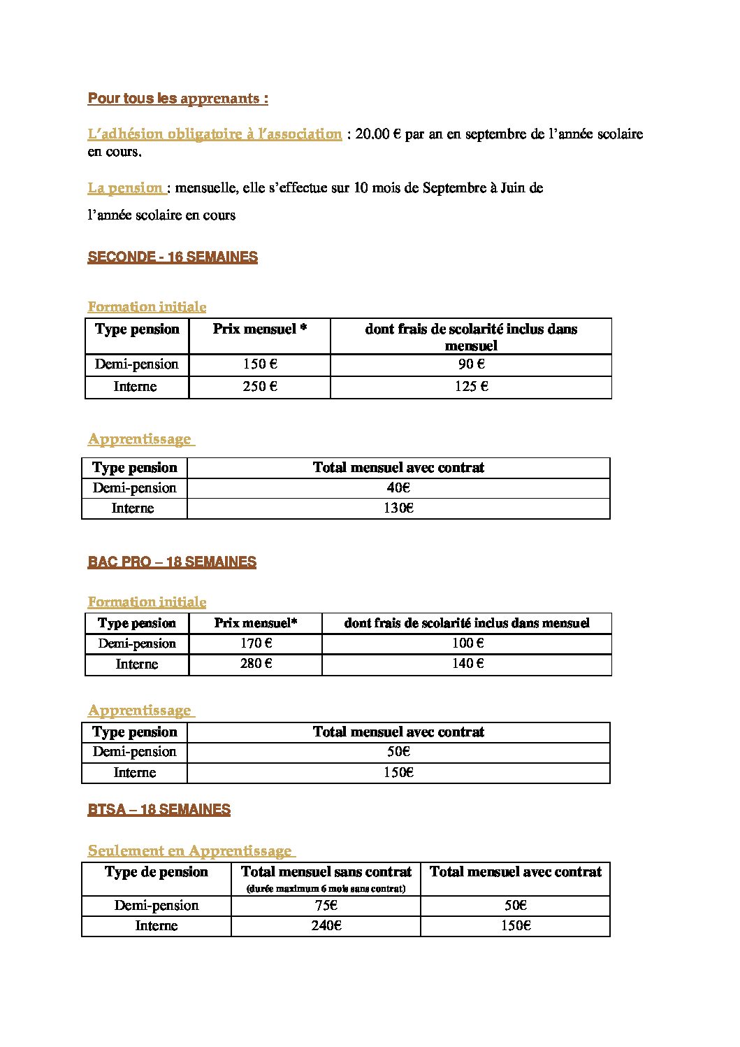 tarifs sept 2021